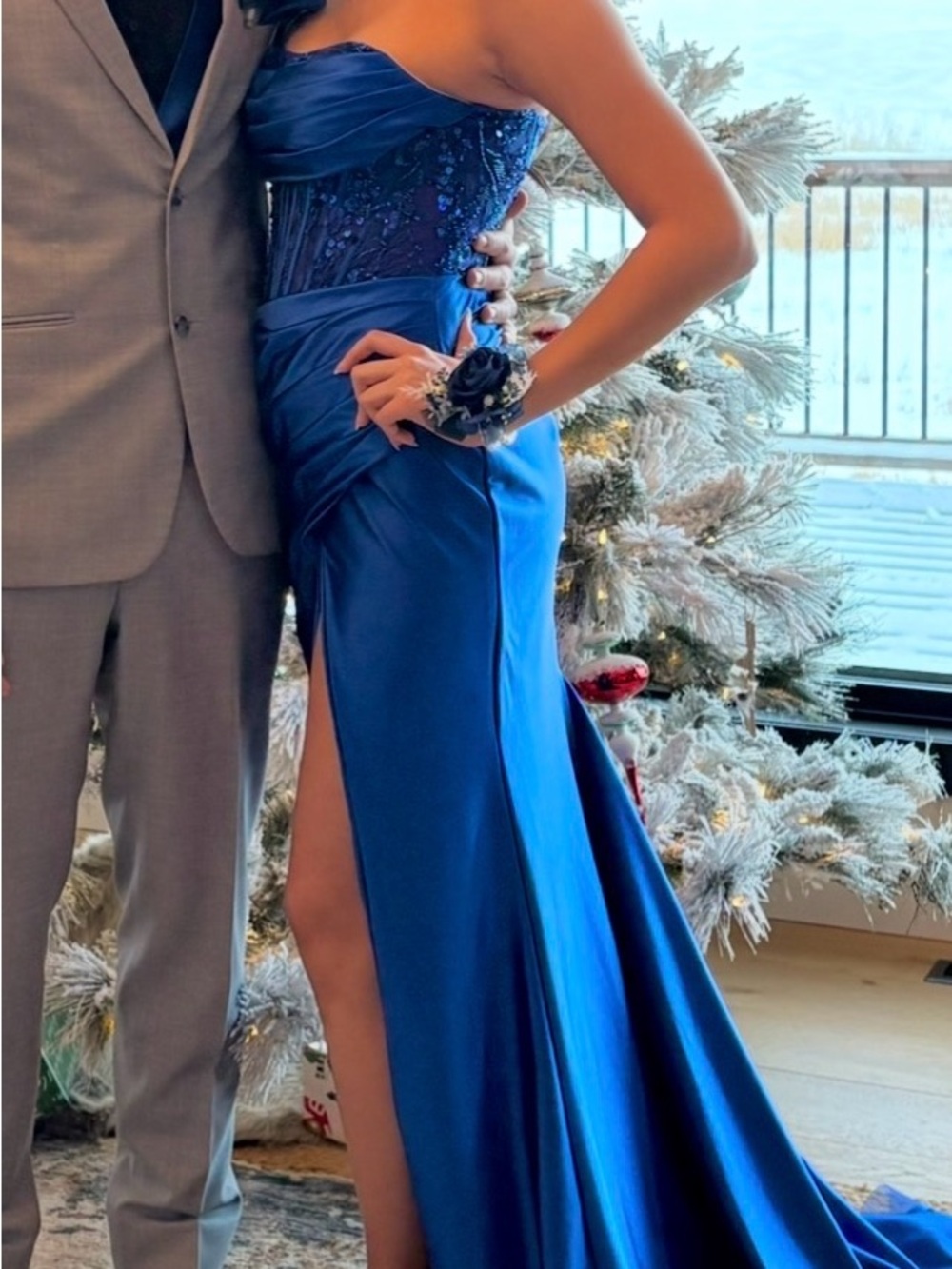 Strapless Royal Blue Prom Gown with Side Slit